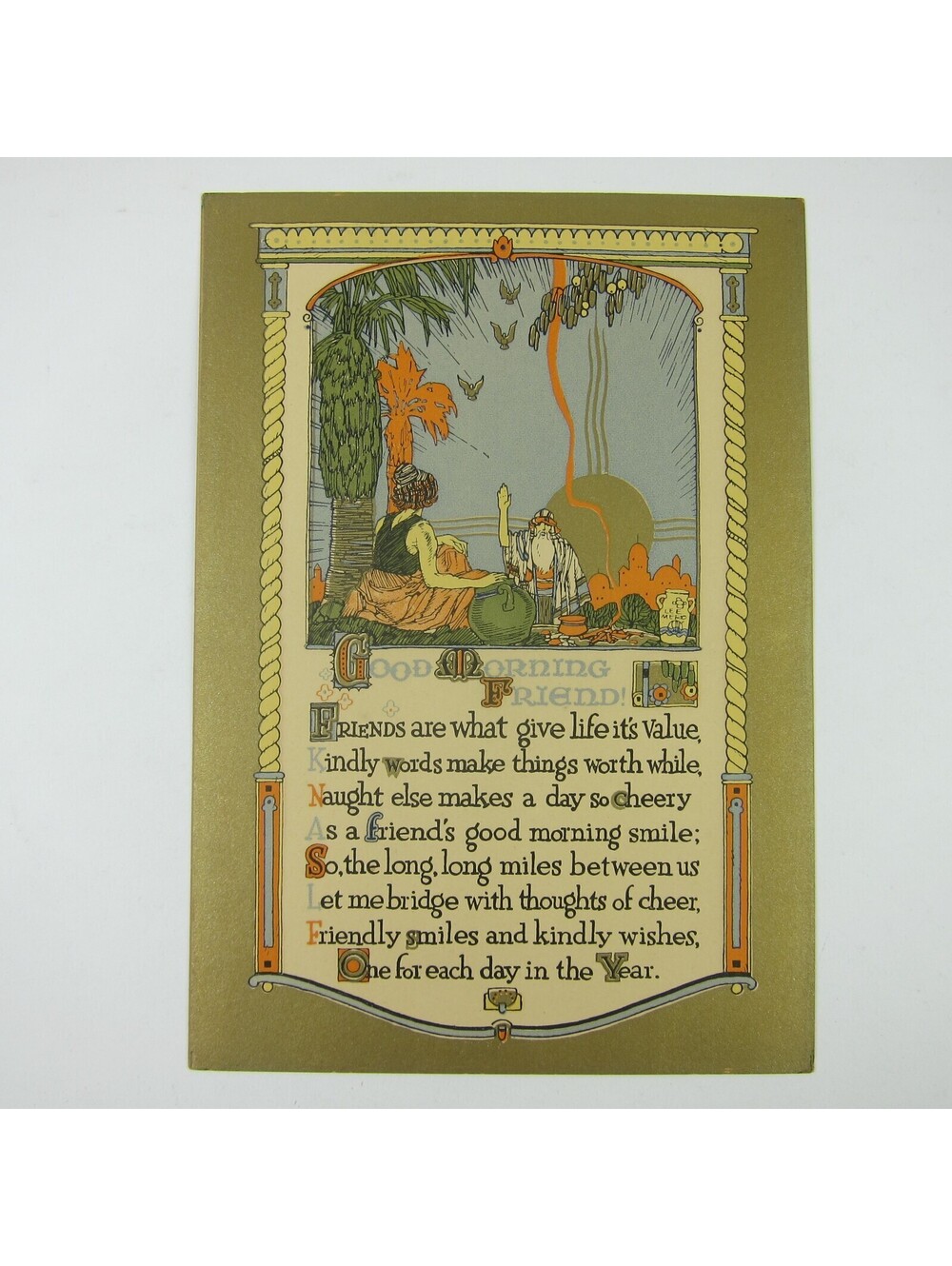LEE MERO Motto Art Print Good Morning Friend Greet Under Tree 10x7 Antique 1920s